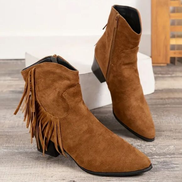 Amazon.com: DINTAHA Fringe Cowboy Boots Short Suede Cowgirl  Ladies Tan Tassel Western Ankle Boot sz 7